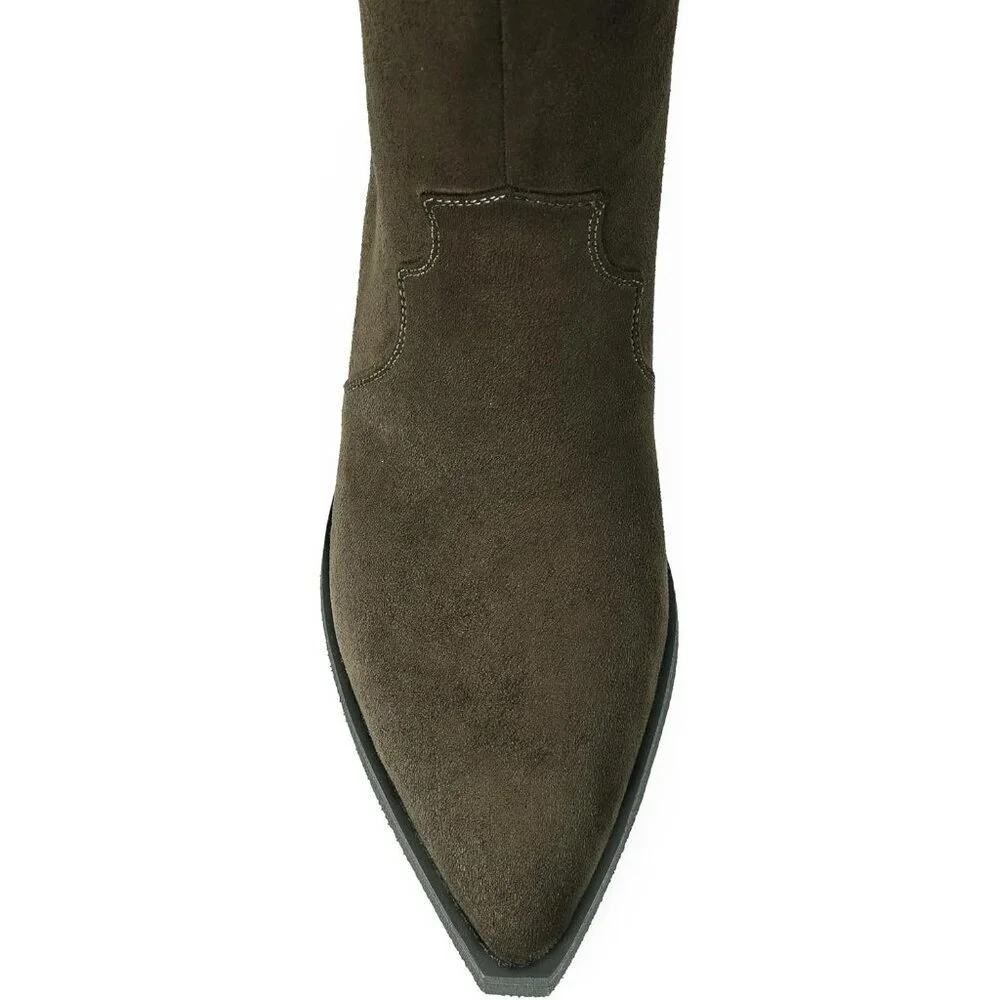 Women's Green Knee High Faux Suede Western with 2 IN Chunky Heel Pointed